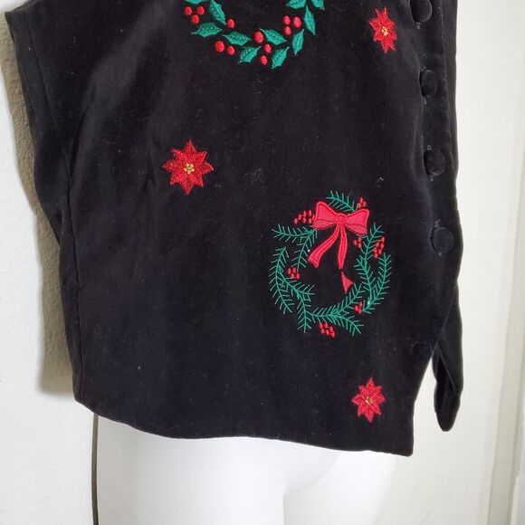 Karen Scott Vintage Women's Vest Top Small Black Velvet 90s Christmas Embroidery - Picture 5 of 8